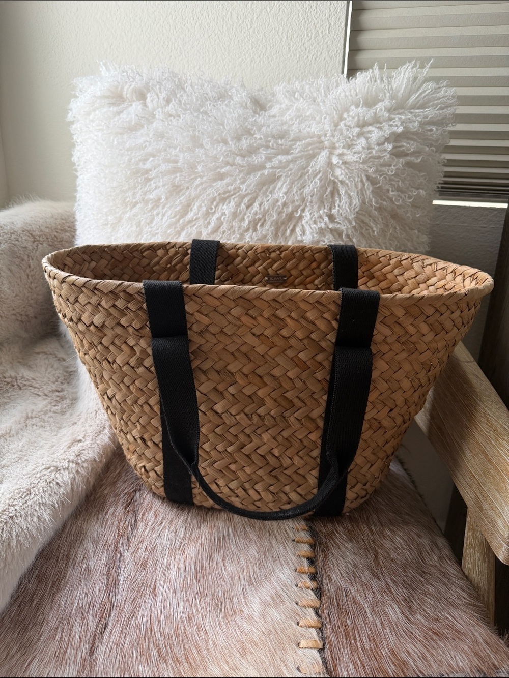 Woven Straw Tote Bag with Black Handles